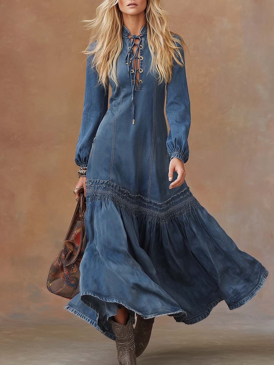 Elegant Vintage Western Tie-neck Long-sleeved Bubble Hem Blue Denim Maxi Dress