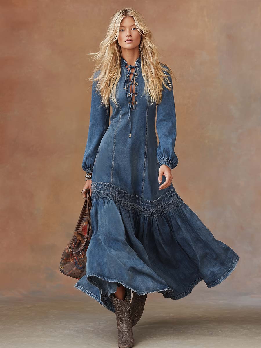 Elegant Vintage Western Tie-neck Long-sleeved Bubble Hem Blue Denim Maxi Dress