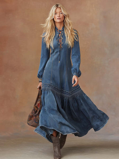 Elegant Vintage Western Tie-neck Long-sleeved Bubble Hem Blue Denim Maxi Dress