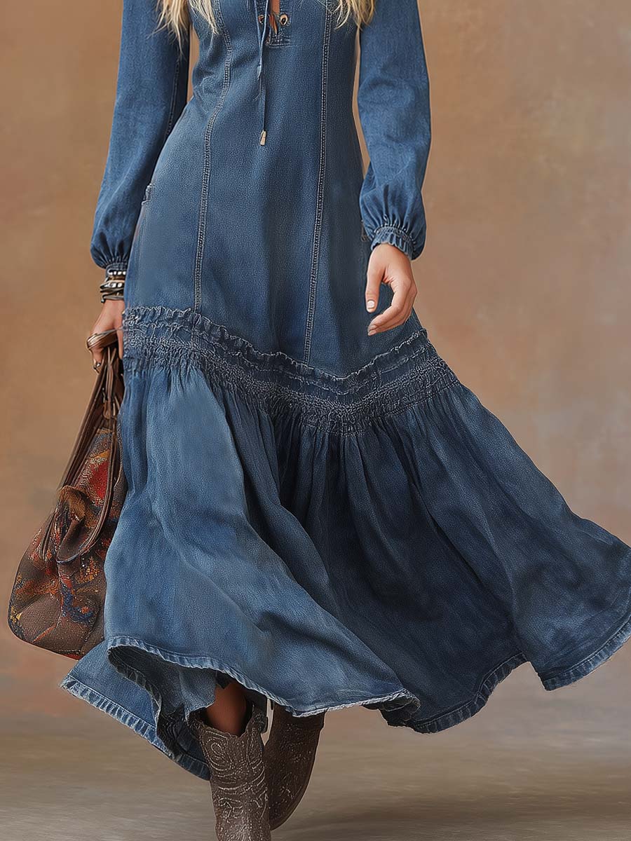 Elegant Vintage Western Tie-neck Long-sleeved Bubble Hem Blue Denim Maxi Dress