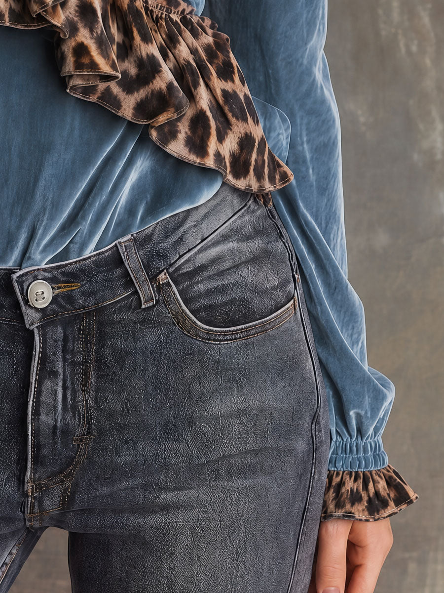Retro Leopard Print Ruffled Blue V-neck Velvet Shirt