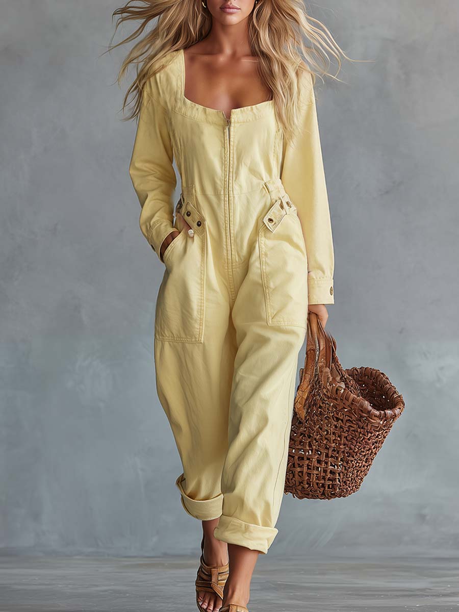 Casual Retro Square Neck Front Zipper Long-sleeved Light Yellow Denim Jumpsuit