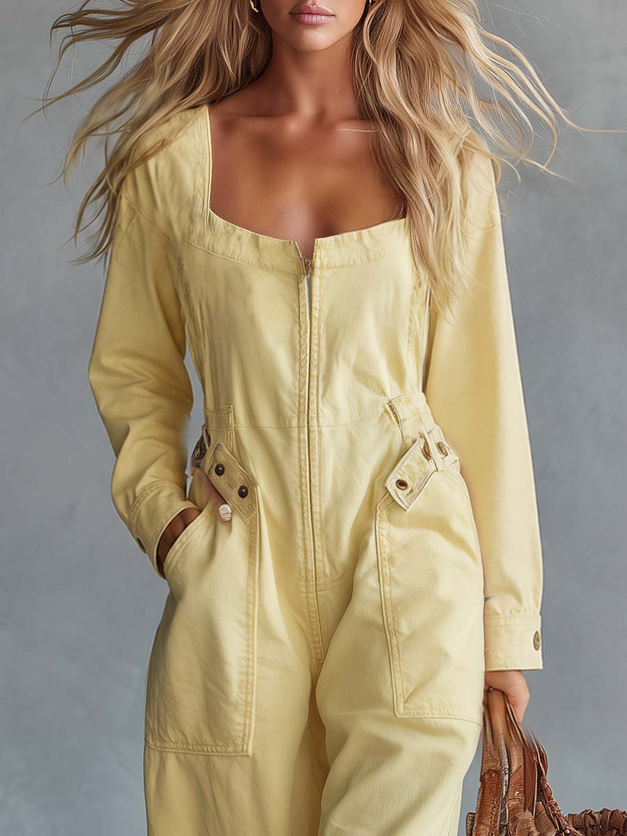 Casual Retro Square Neck Front Zipper Long-sleeved Light Yellow Denim Jumpsuit