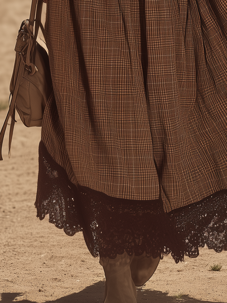 Vintage-style Casual Yet Elegant Western-inspired Brown Plaid Lace Skirt