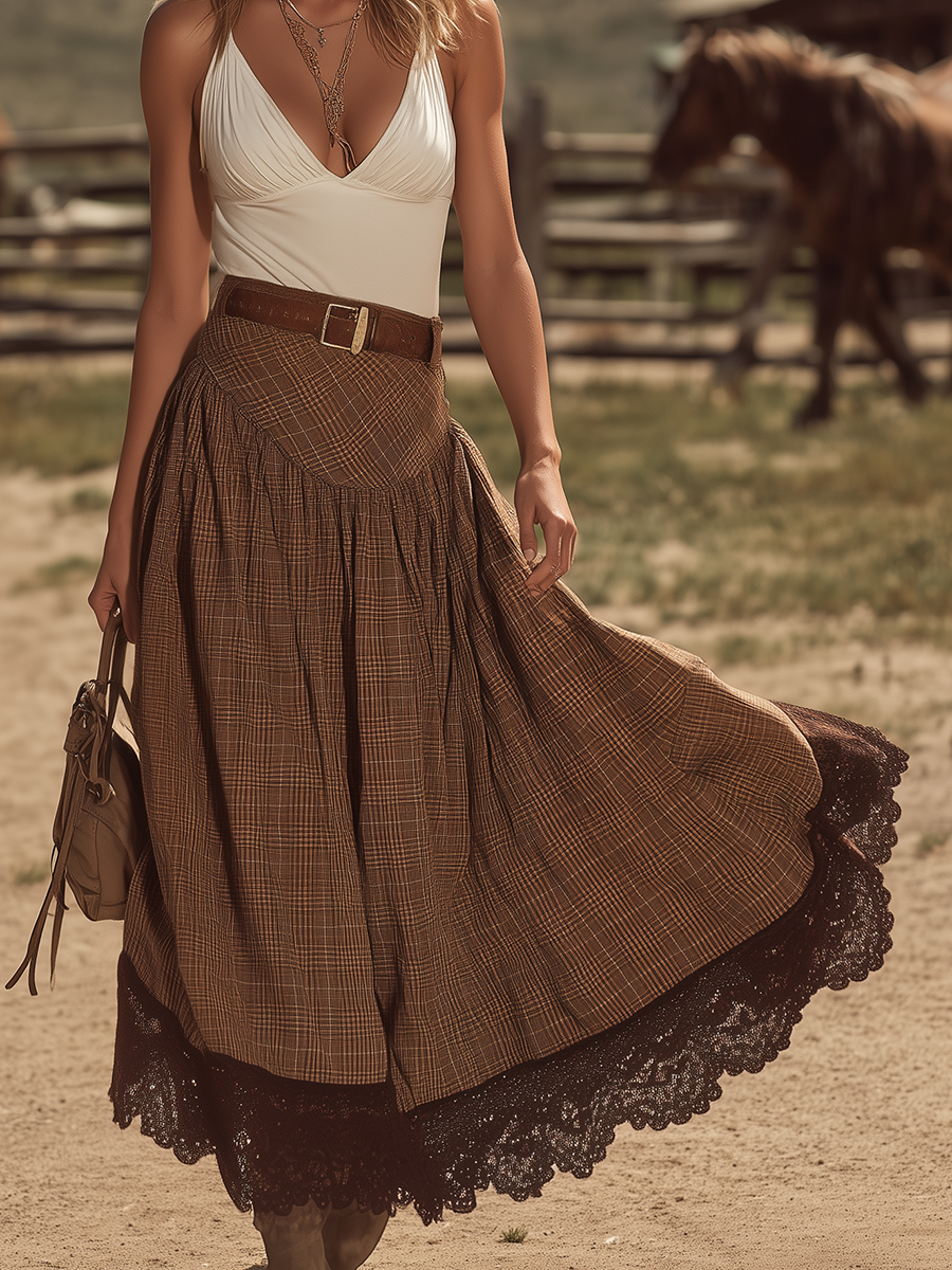 Vintage-style Casual Yet Elegant Western-inspired Brown Plaid Lace Skirt
