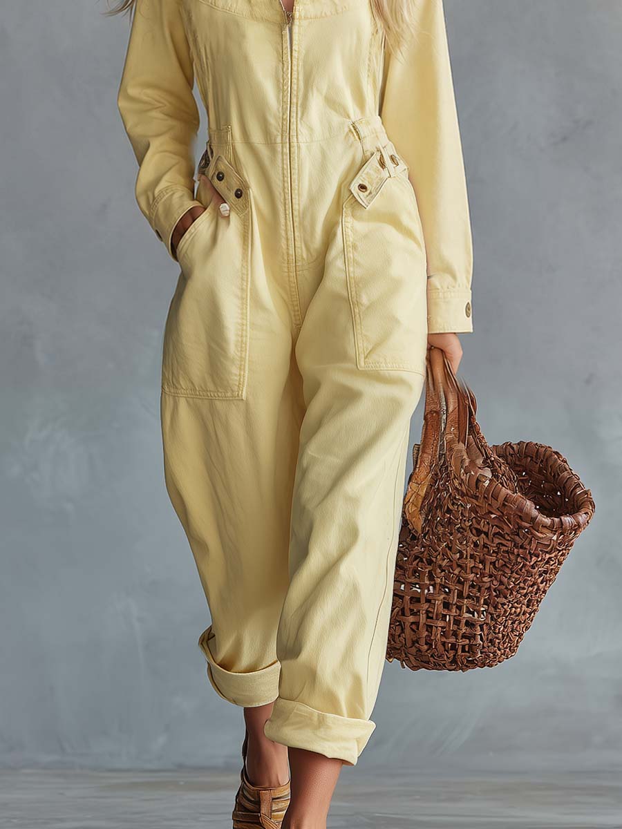 Casual Retro Square Neck Front Zipper Long-sleeved Light Yellow Denim Jumpsuit