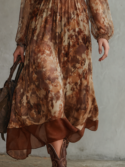 Vintage-style Casual Yet Elegant Western-inspired Printed Chiffon Dress