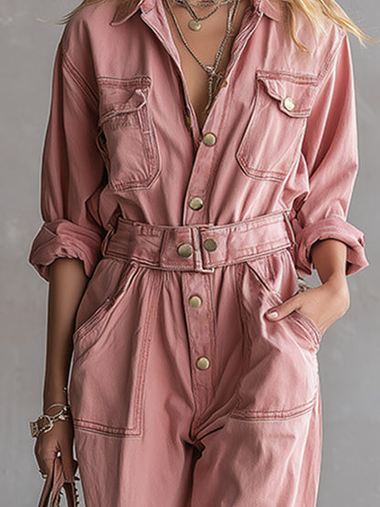 Chic And Casual Dusty Pink Loose-fit Denim Jumpsuit