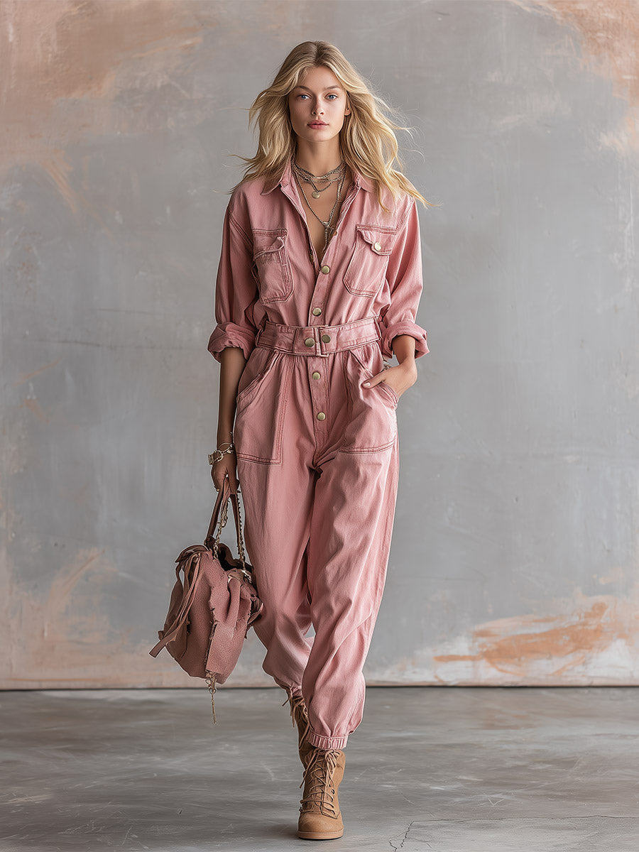 Chic And Casual Dusty Pink Loose-fit Denim Jumpsuit