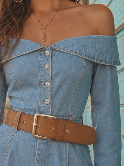 Western Denim Off-Shoulder Dress – Button Placket Belt Long Sleeve A-Line Mini