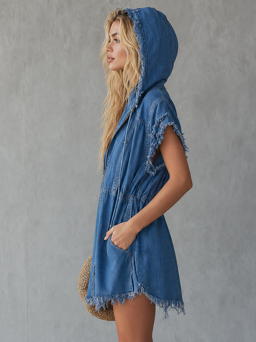 American Hooded Raw-edge Denim Mini Dress