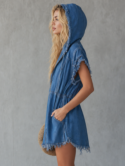American Hooded Raw-edge Denim Mini Dress