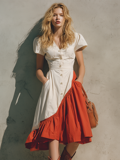 Vintage Bohemian Contrast-panel Denim Midi Dress