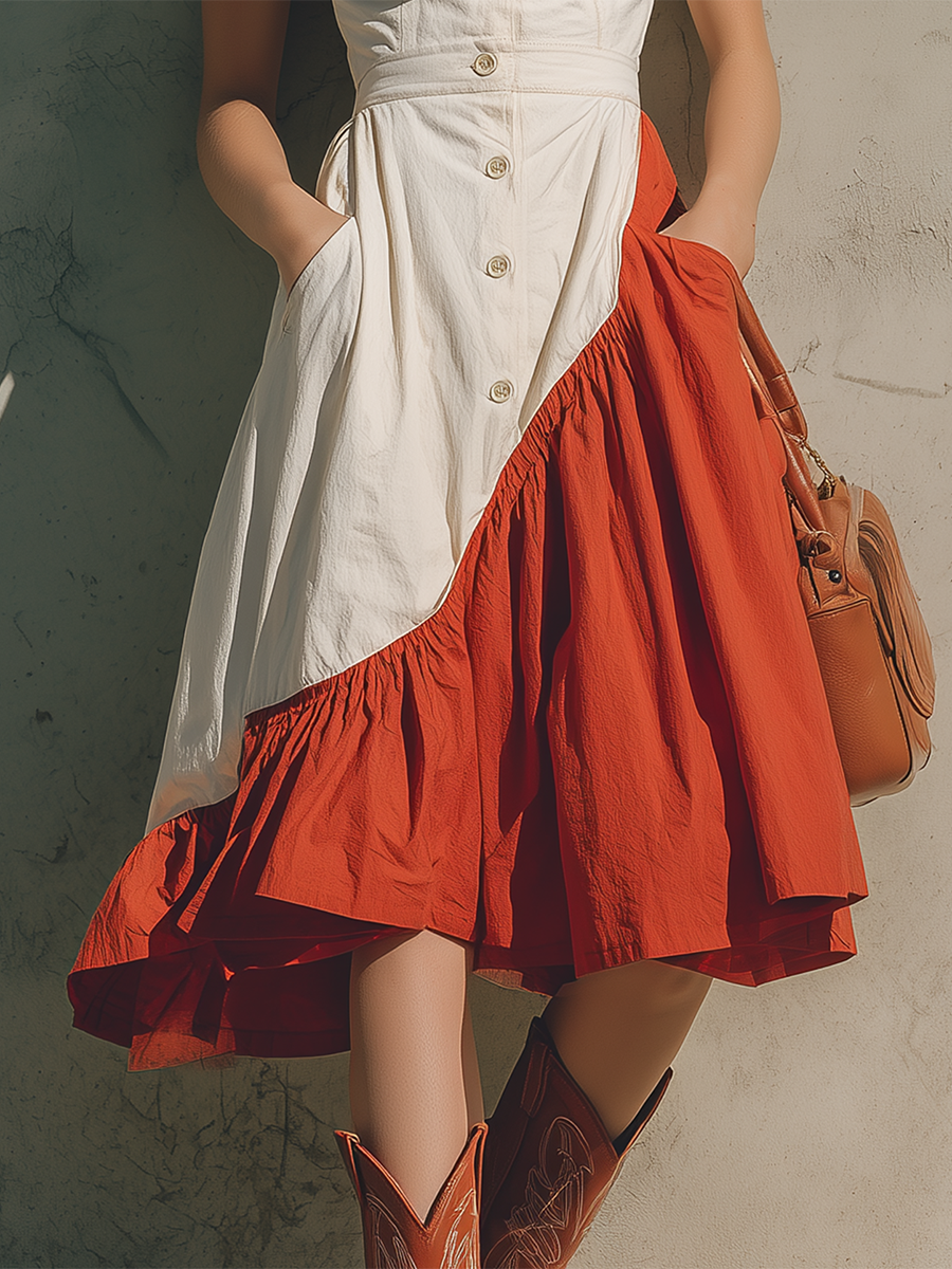Vintage Bohemian Contrast-panel Denim Midi Dress