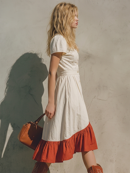 Vintage Bohemian Contrast-panel Denim Midi Dress