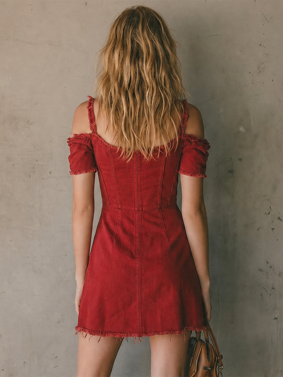 Vintage Cutout-shoulder Strappy Raw-edge Denim Mini Dress