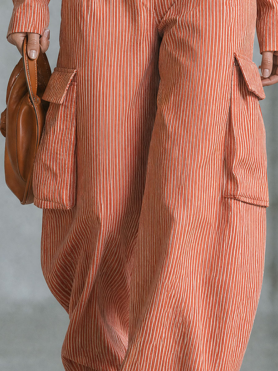 Retro Orange Striped Stand-up Collar Half-zip Long-sleeved Cotton Jumpsuit