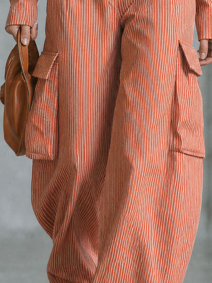 Retro Orange Striped Stand-up Collar Half-zip Long-sleeved Cotton Jumpsuit