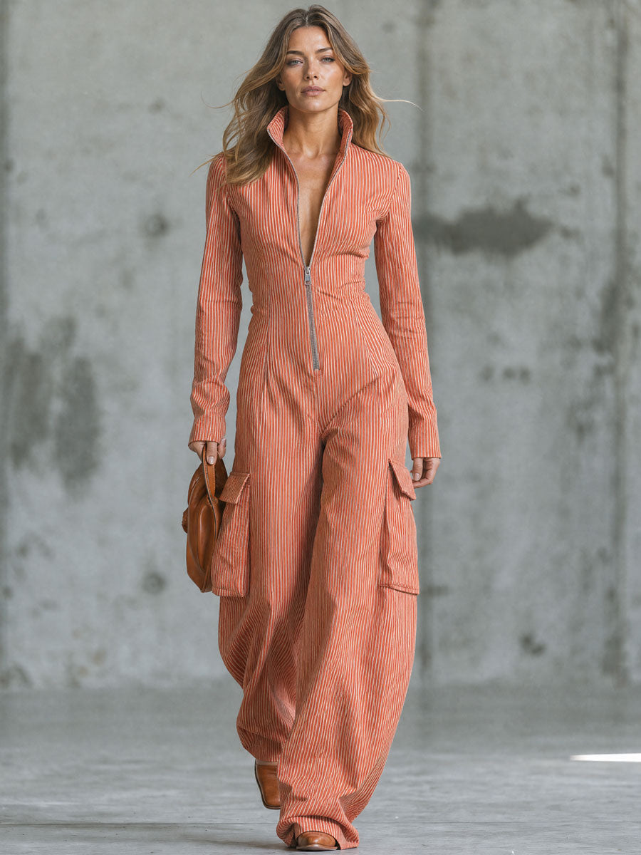 Retro Orange Striped Stand-up Collar Half-zip Long-sleeved Cotton Jumpsuit