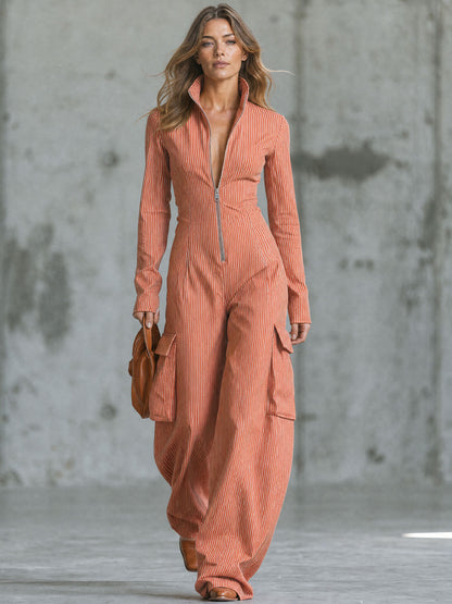 Retro Orange Striped Stand-up Collar Half-zip Long-sleeved Cotton Jumpsuit
