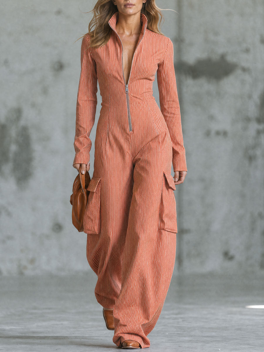Retro Orange Striped Stand-up Collar Half-zip Long-sleeved Cotton Jumpsuit