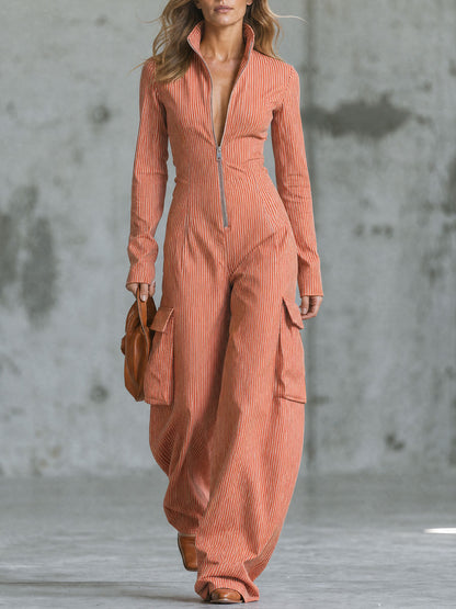 Retro Orange Striped Stand-up Collar Half-zip Long-sleeved Cotton Jumpsuit