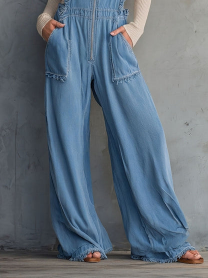 Washed Denim Wide-Leg Overalls – Zip Front Frayed Straps Patch Pockets