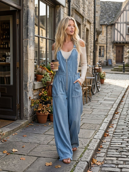 Washed Denim Wide-Leg Overalls – Zip Front Frayed Straps Patch Pockets