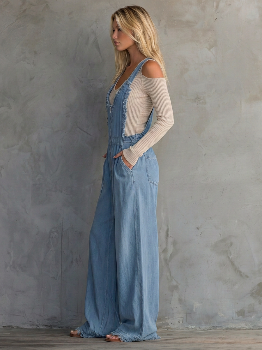 Washed Denim Wide-Leg Overalls – Zip Front Frayed Straps Patch Pockets