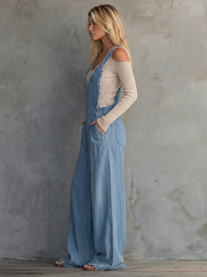 Washed Denim Wide-Leg Overalls – Zip Front Frayed Straps Patch Pockets