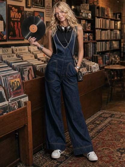 Wide-Leg Denim Overalls – Deep V-Neck Contrast Rope Trim Loose Fit