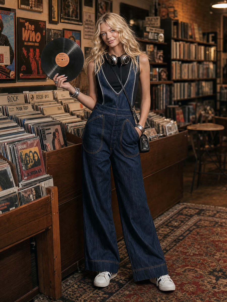 Wide-Leg Denim Overalls – Deep V-Neck Contrast Rope Trim Loose Fit