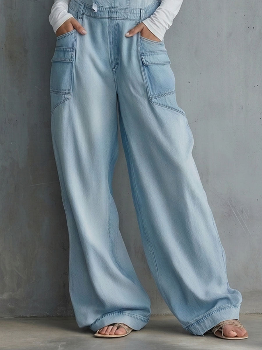 Light-Wash Wide-Leg Denim Overalls – Adjustable Straps Cargo Pockets Loose Fit