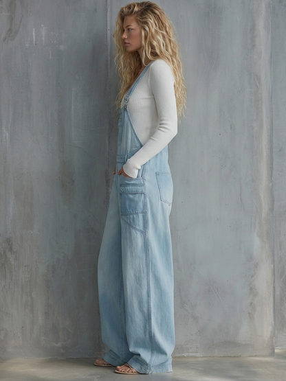 Light-Wash Wide-Leg Denim Overalls – Adjustable Straps Cargo Pockets Loose Fit