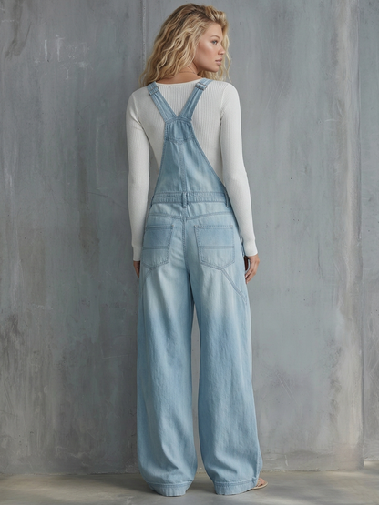 Light-Wash Wide-Leg Denim Overalls – Adjustable Straps Cargo Pockets Loose Fit