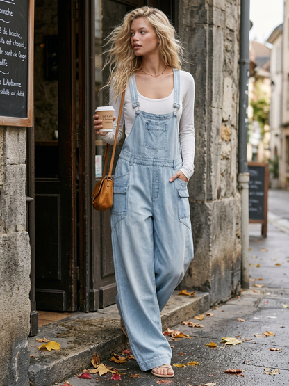 Light-Wash Wide-Leg Denim Overalls – Adjustable Straps Cargo Pockets Loose Fit