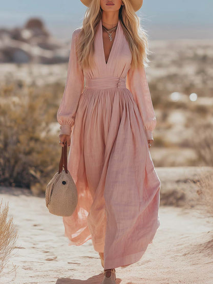 Bohemian West Resort Elegant Long-sleeved Cotton Linen Dress