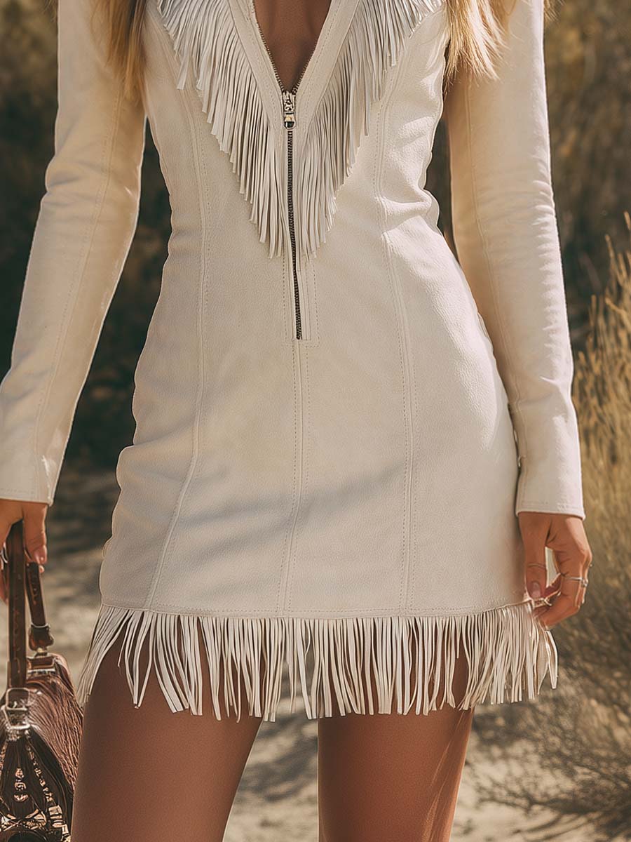 Western-style Retro V-neck Zippered Front Fringed Faux Suede Mini Dress