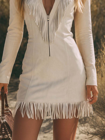 Western-style Retro V-neck Zippered Front Fringed Faux Suede Mini Dress