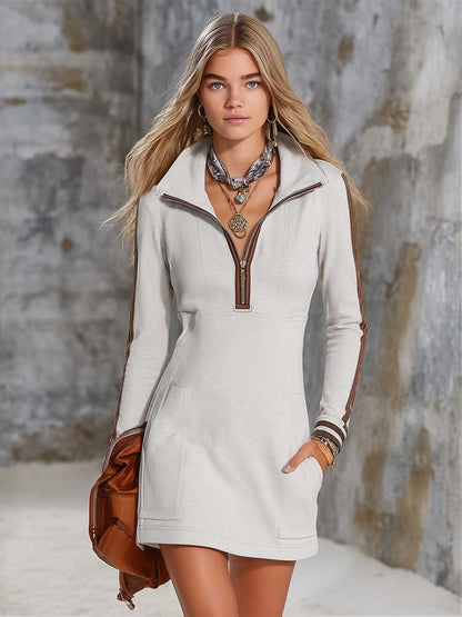 Sporty Retro Color-blocked Trim Half-zip Long-sleeved Mini Dress