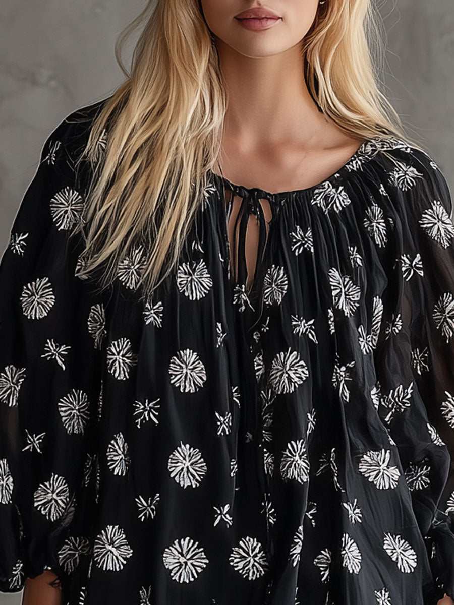 Retro Bohemian Print Black Round Neck Tie-Waist Chiffon Mini Dress