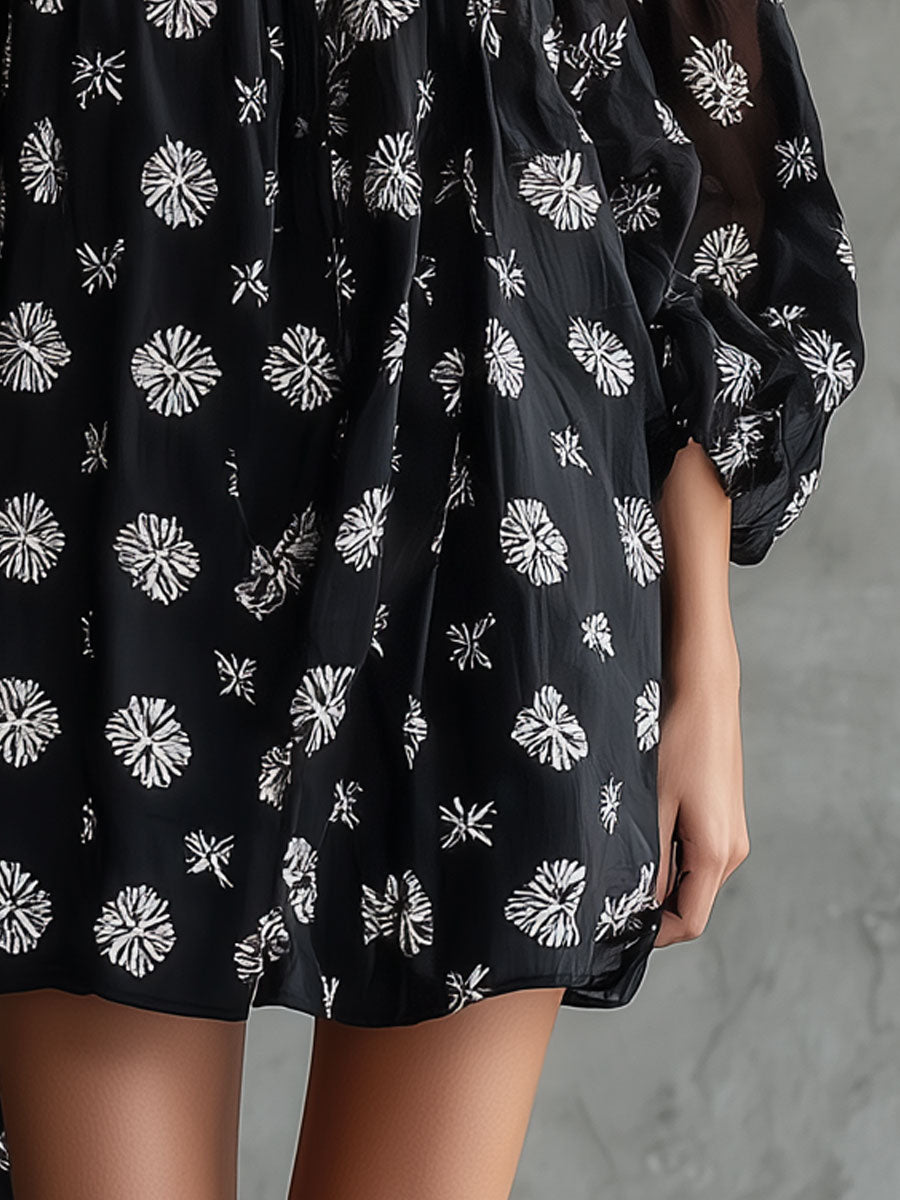 Retro Bohemian Print Black Round Neck Tie-Waist Chiffon Mini Dress