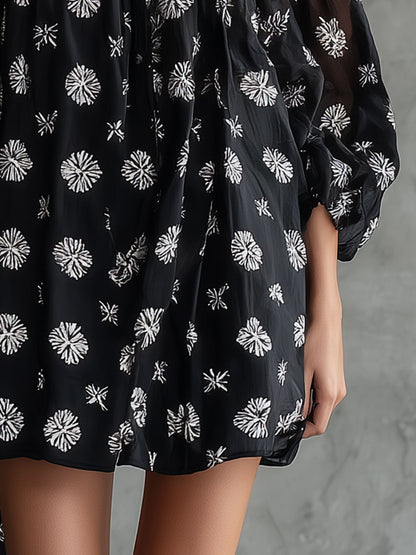 Retro Bohemian Print Black Round Neck Tie-Waist Chiffon Mini Dress