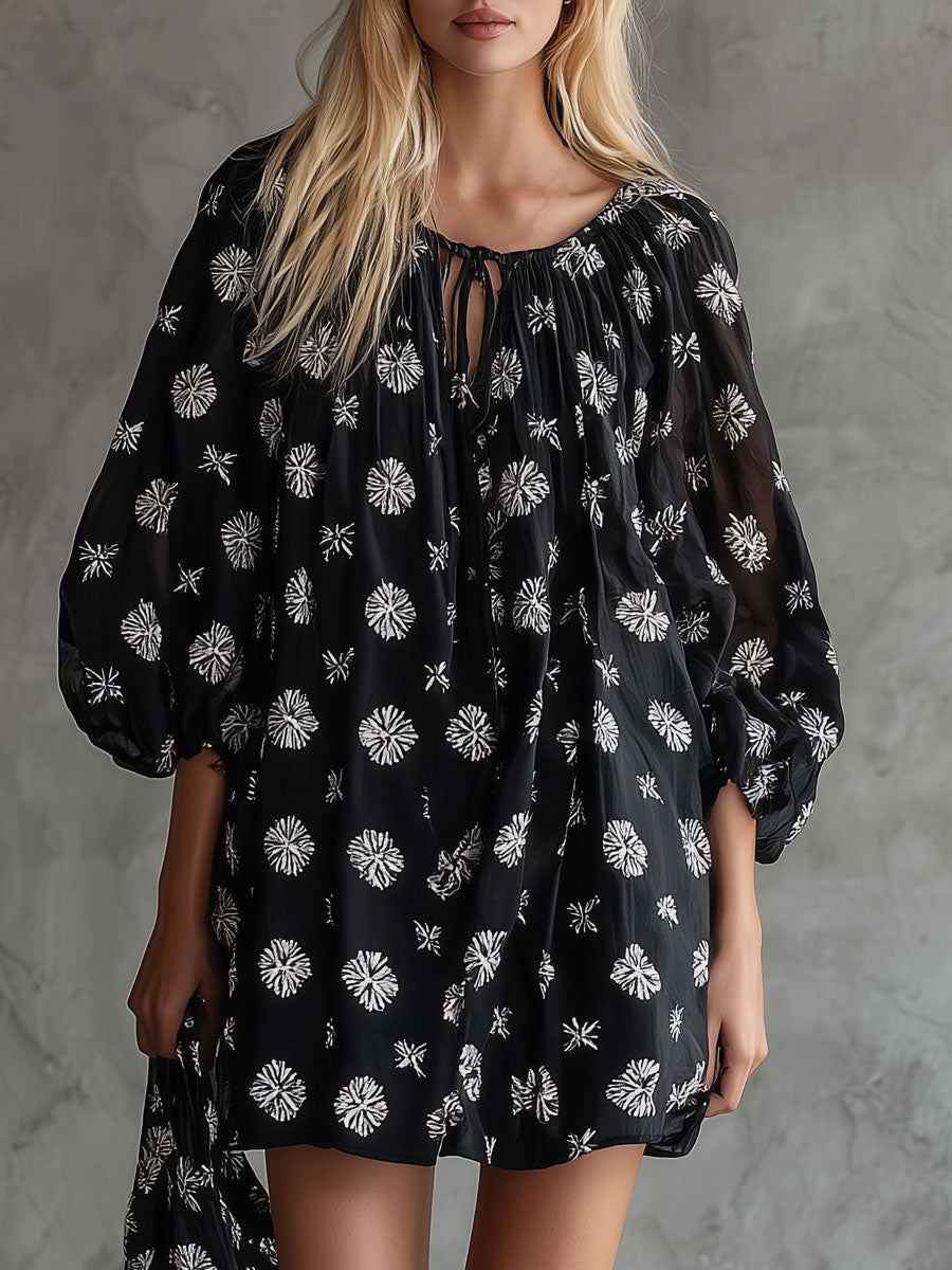 Retro Bohemian Print Black Round Neck Tie-Waist Chiffon Mini Dress