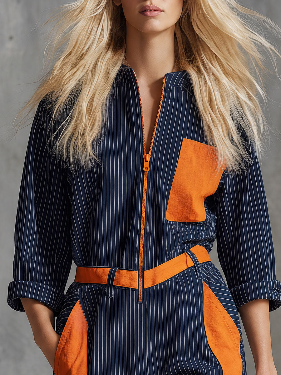 Retro Casual Blue Striped Color-blocked Pocket Cotton Jumpsuit