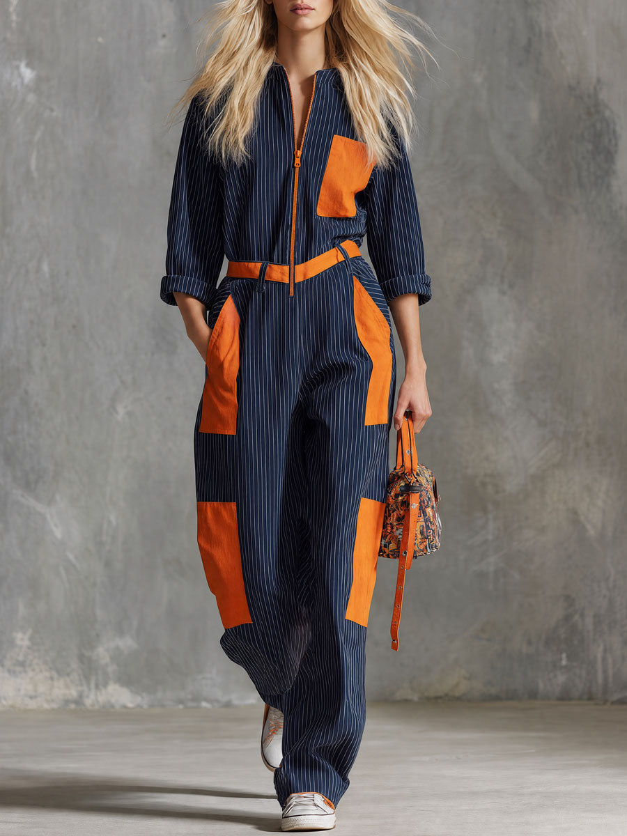 Retro Casual Blue Striped Color-blocked Pocket Cotton Jumpsuit