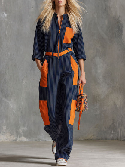 Retro Casual Blue Striped Color-blocked Pocket Cotton Jumpsuit