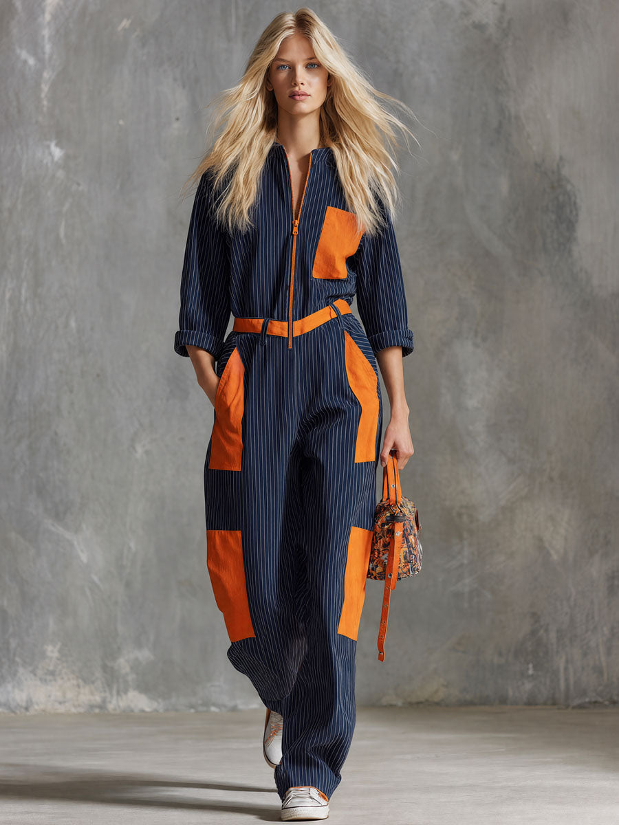 Retro Casual Blue Striped Color-blocked Pocket Cotton Jumpsuit