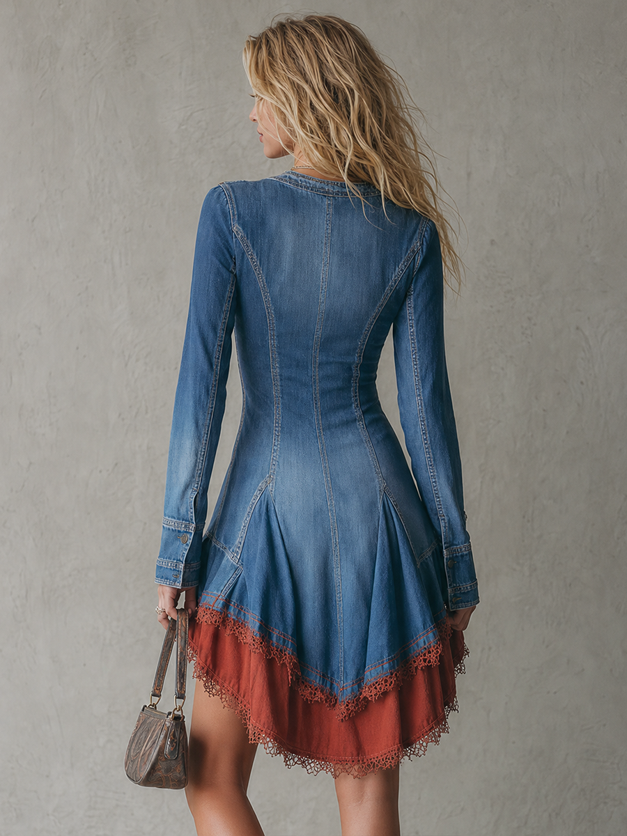 Bohemian Lace-panel Denim Mini Dress