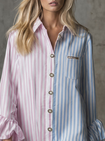 Retro Casual Color-blocked Striped Long-sleeved Ruffled Cotton Mini Dress